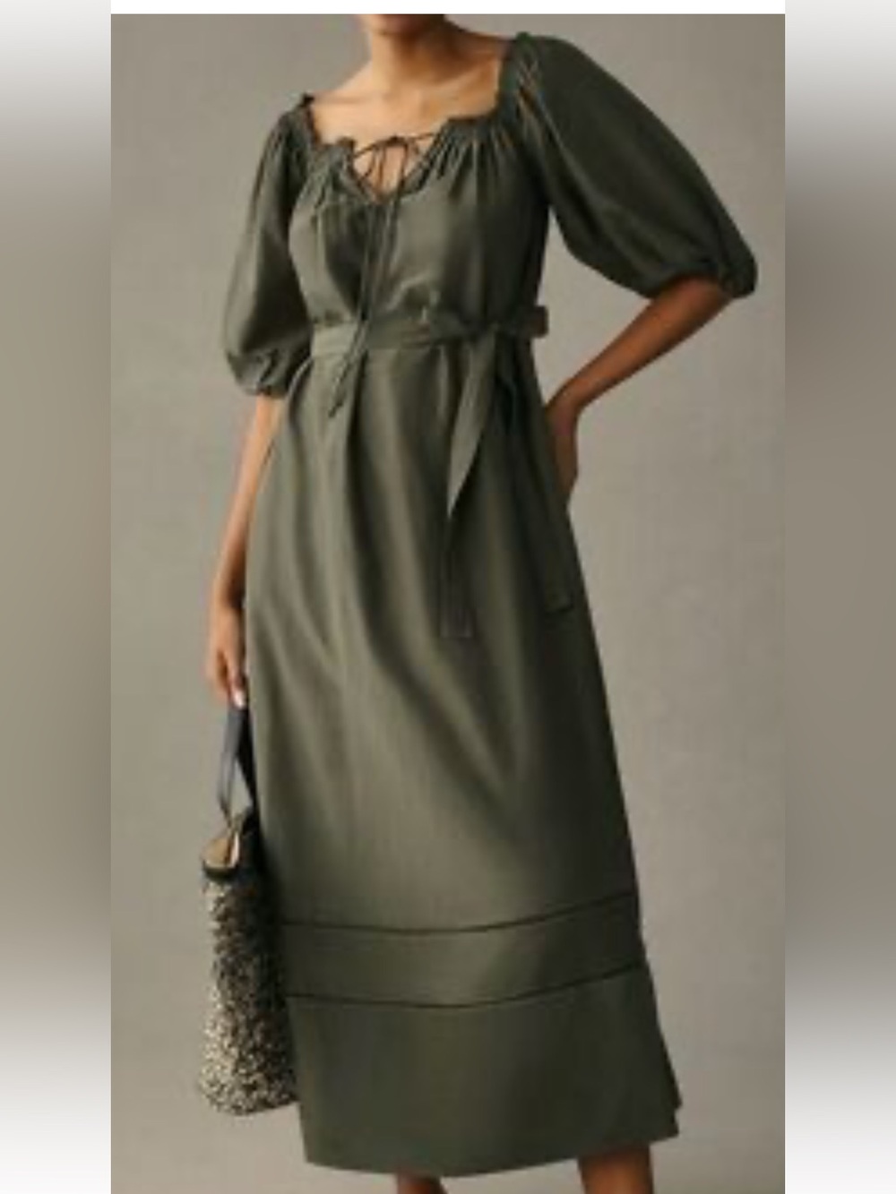Anthropologie Olive Green Lace-Up Puff Sleeve Midi Dress large - Picture 1 of 10